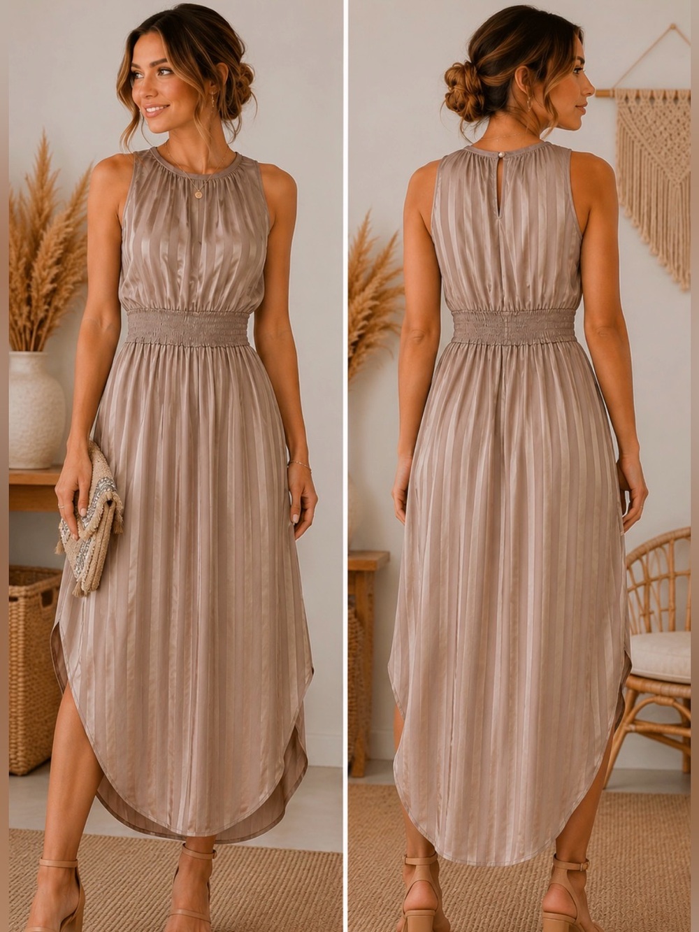 404 Entro Taupe High Low Dress Medium Sleeveless Flowy Tiered Boho Neutral Midi